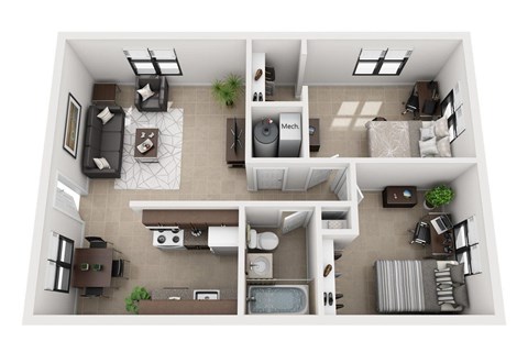 Floor plan for 2 beds, 1 bath, 637 sqft